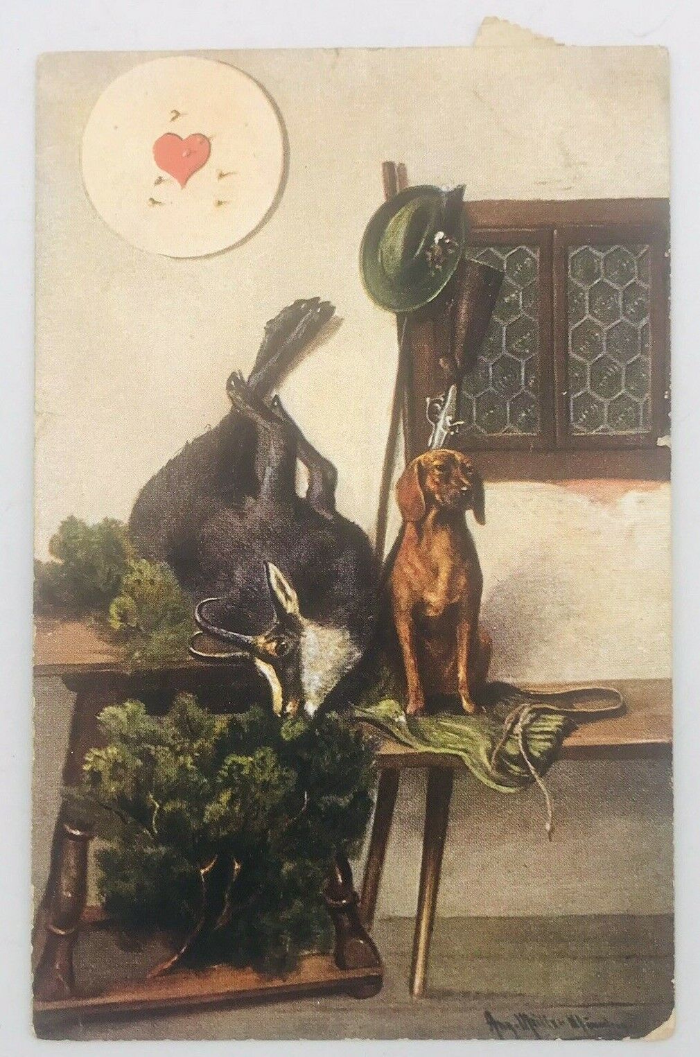 Antique 1907 Hunting Vizsla Dog w/ Shot Deer Elk & Tyrolean Hat Postcard