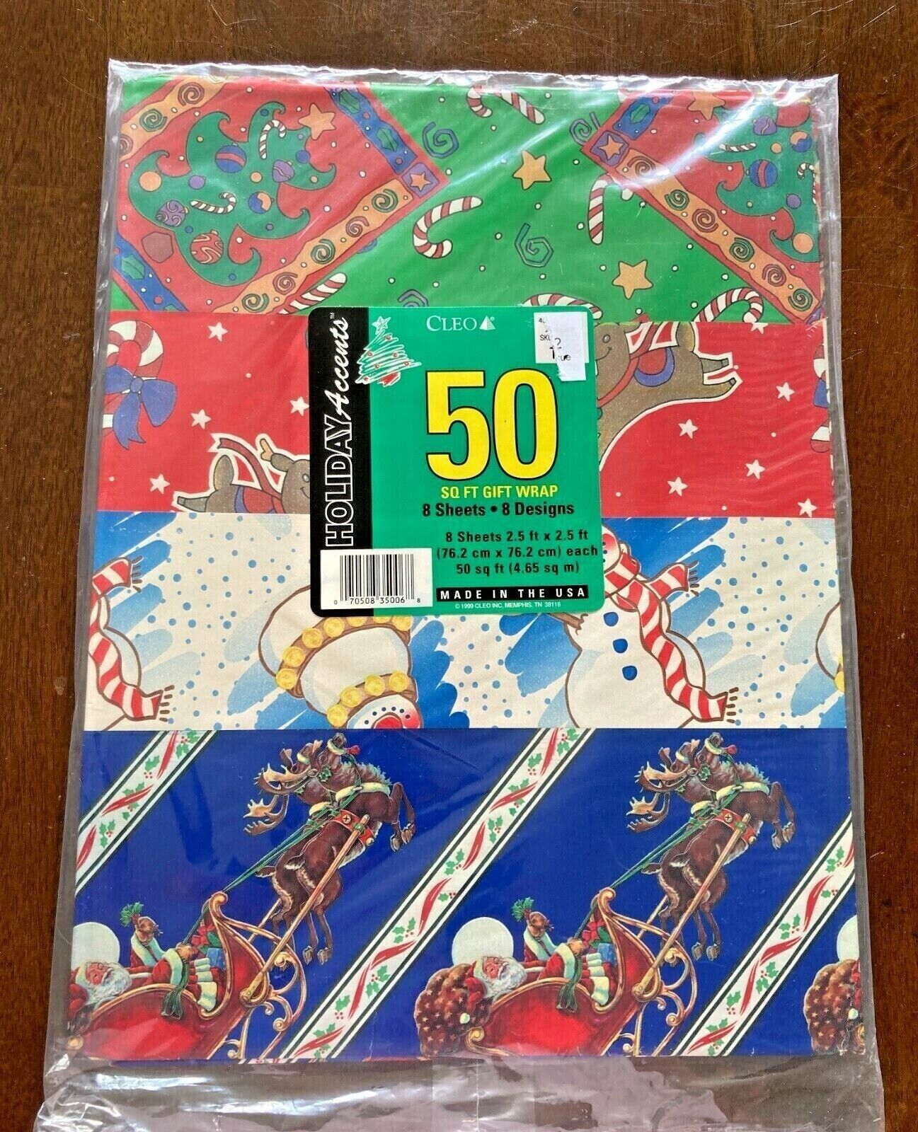 Vintage Christmas Gift Wrap 8 Sheets 50 sq feet Cleo 1999 NEW