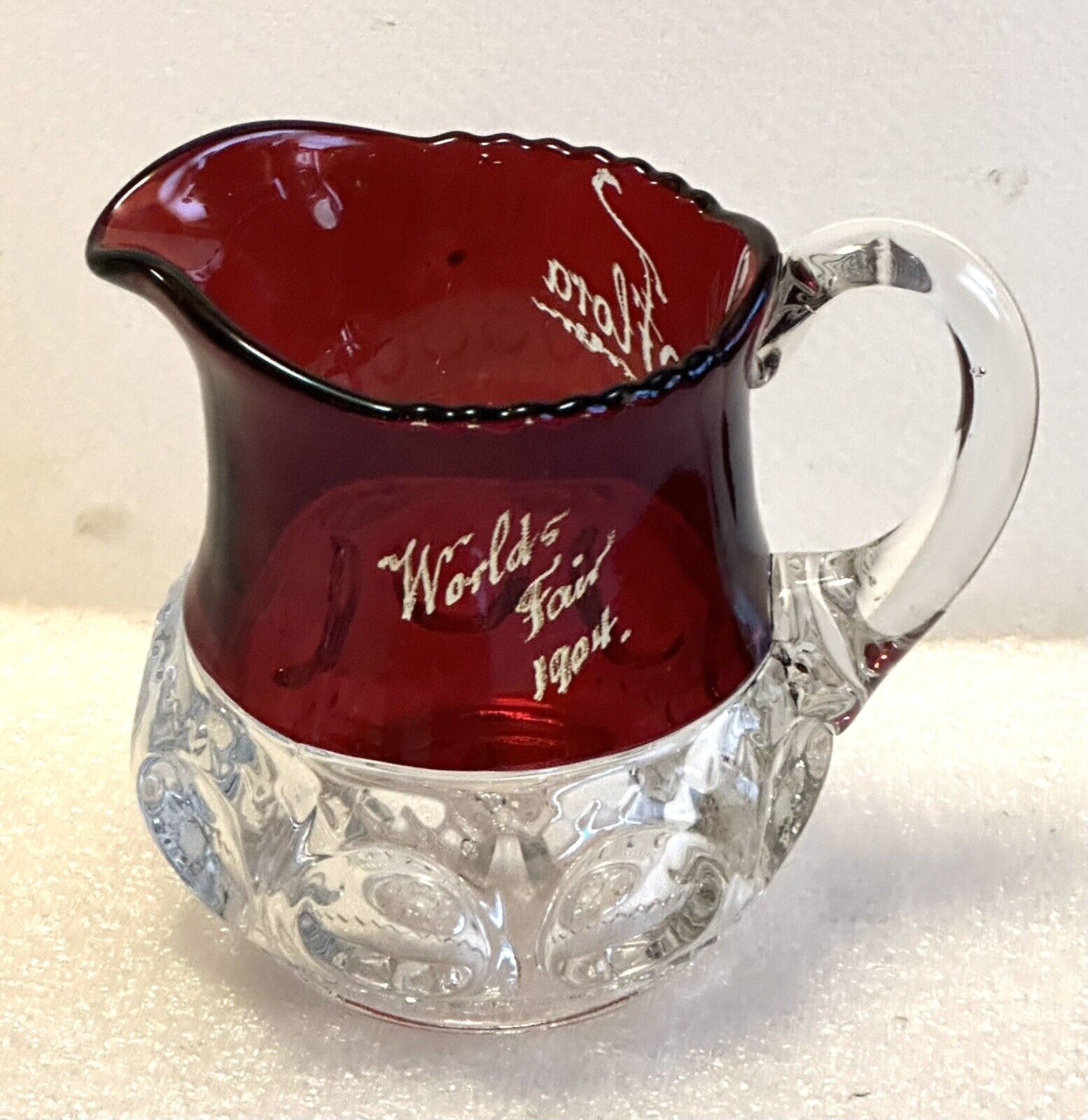 1904 World\'s Fair Souvenir Glass Pitcher 12oz Ruby Flash ExCo (St Louis) Flora