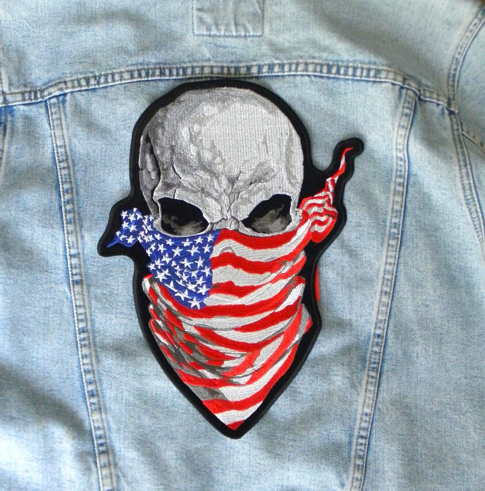 America Rising USA Flag Skull Motorcycle Biker Embroidered Jacket Patch 9 x 12 \