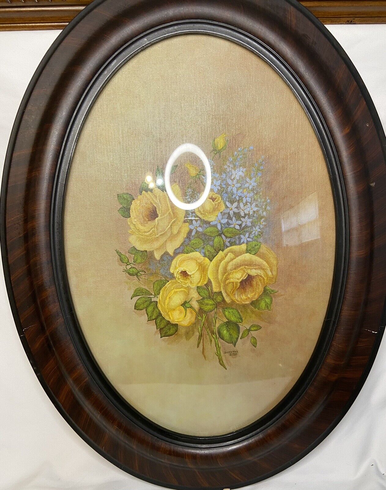 Oval Bubble Glass Framed Painting Vintage Tiger Wood Picture Frame 19x25” *READ