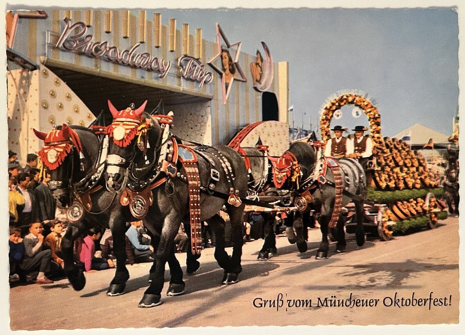 Greetings from Oktoberfest Munich Germany vintage postcard Beer Horse Wagon
