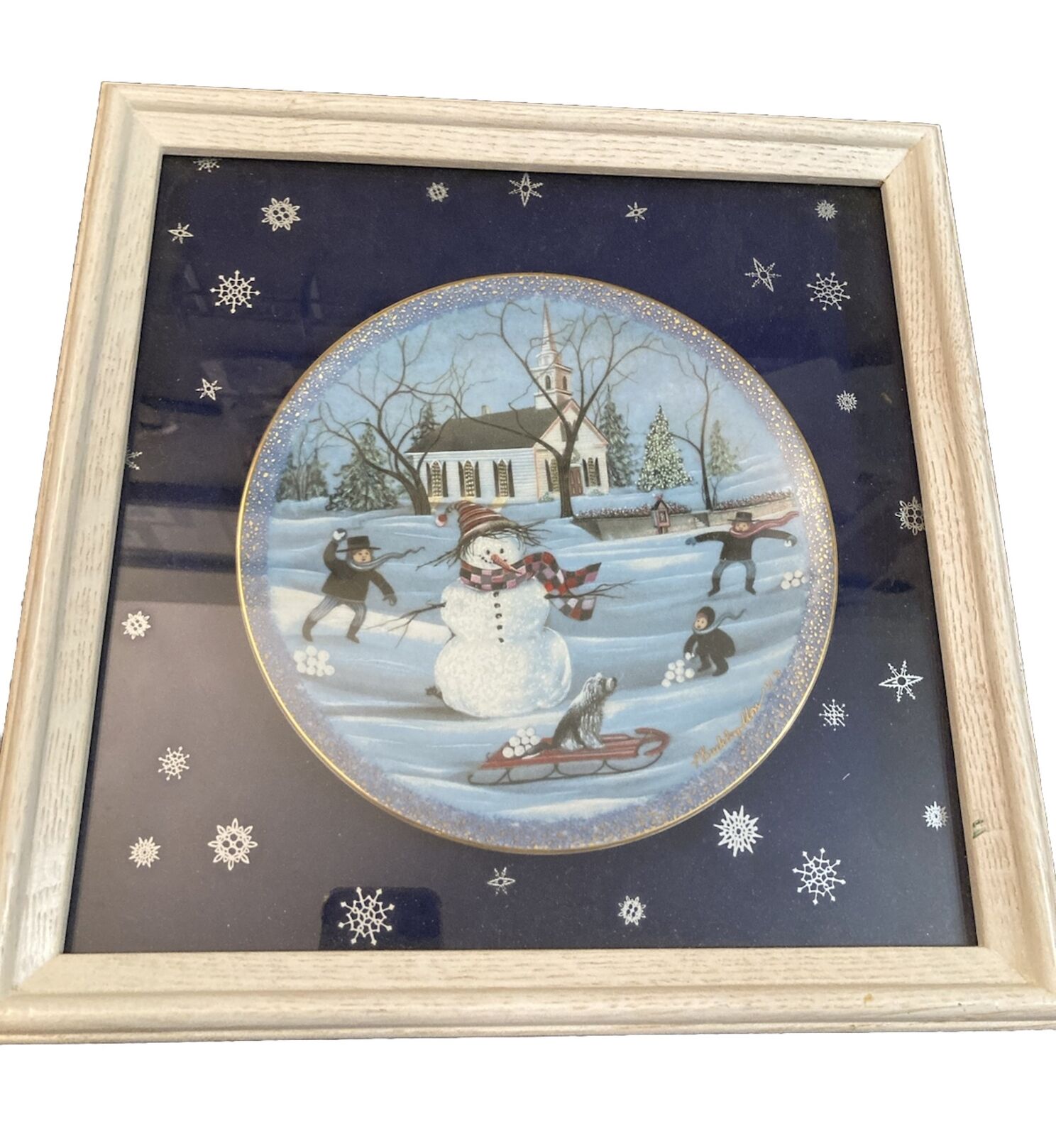 P Buckley Moss The Snowman Plate Framed 1991 Wood Frame Numbered West Germany