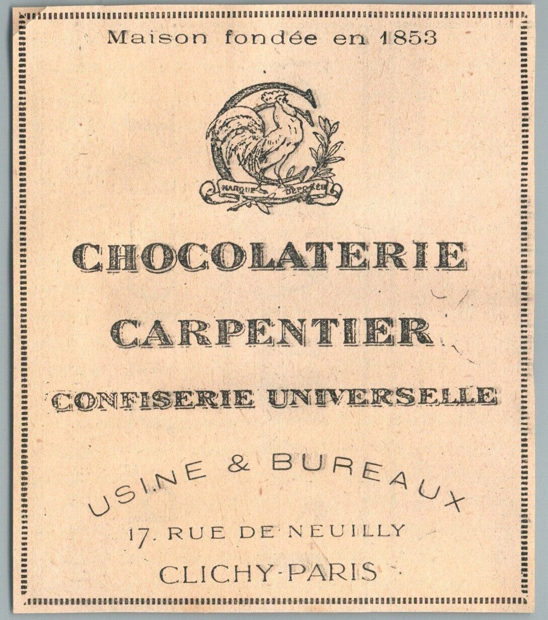 1914 CARPENTIER CONFECTIONERY A CLICHY 92 ANTIQUE CHOCOLATE ADVERTISEMENT