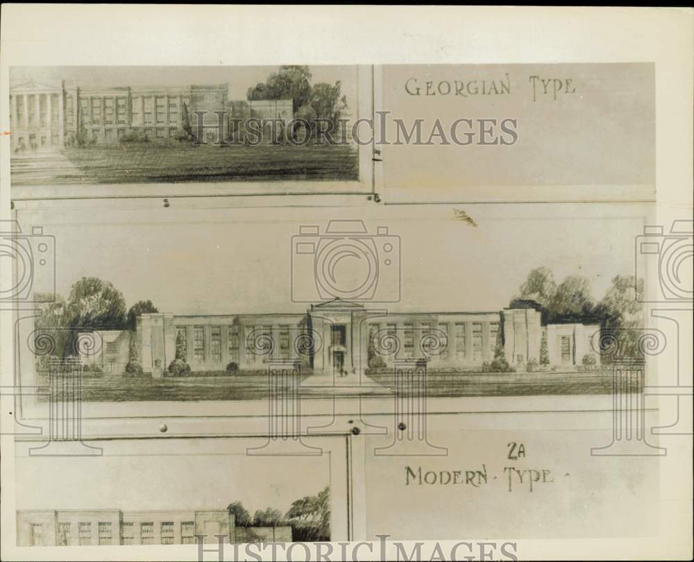1930 Press Photo Drawing of four architect designs for Cleveland Public Schools