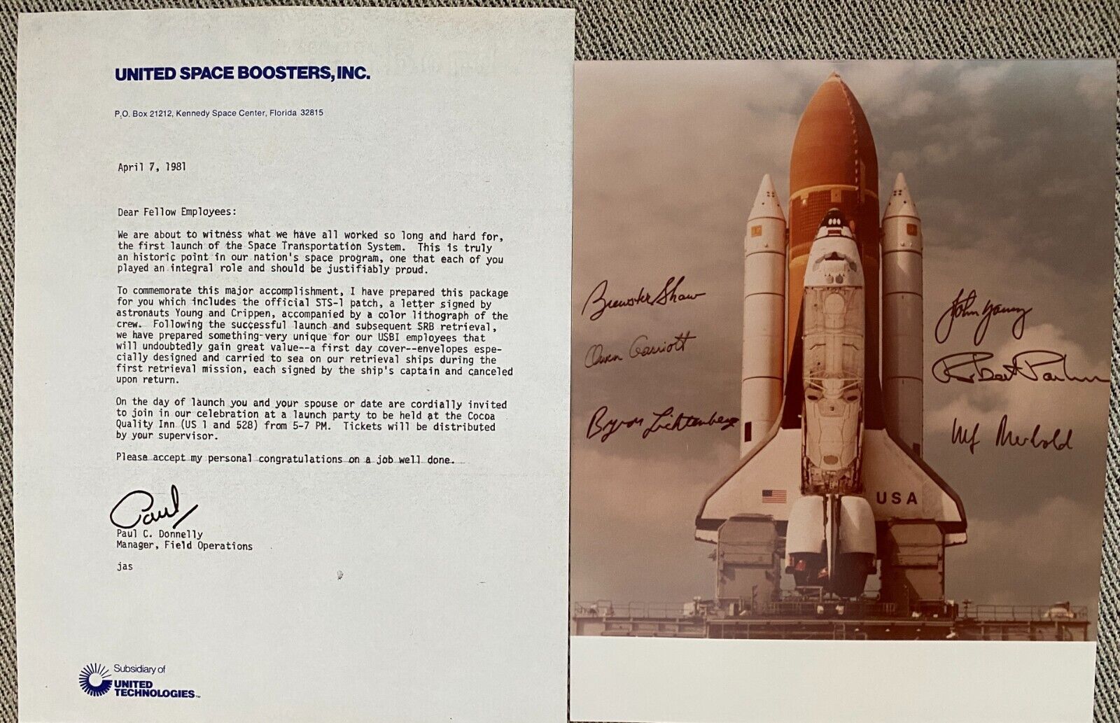 NASA - Historic Flight of Space shuttle signed photo & Letter - RARE