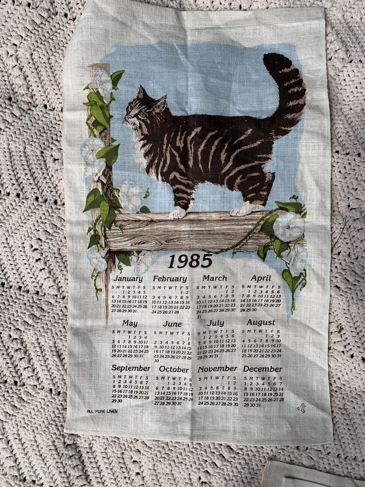 Vintage Linen Tea Towel 1985 Calendar Cats Calendar