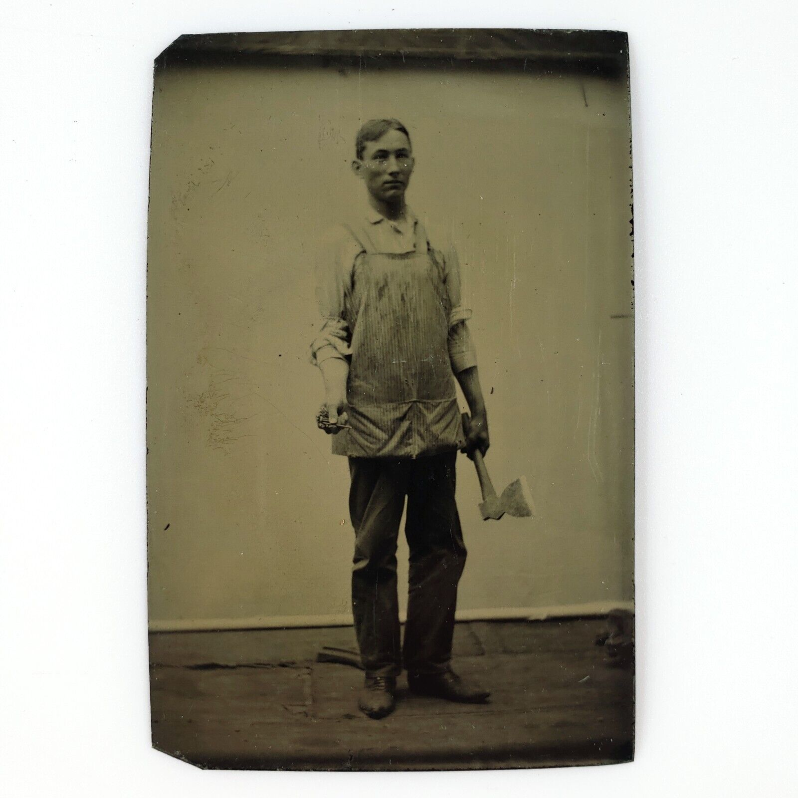 Man Holding Nails & Hatchet Tintype c1870 Occupational Worker Apron Photo B3190