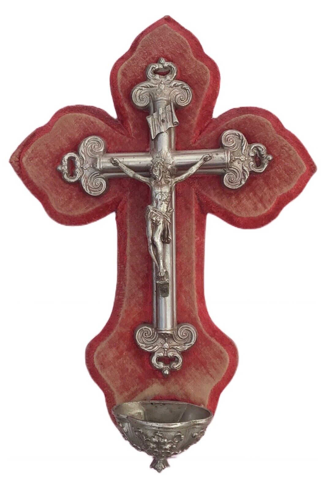 Antique Large French Red Velvet Silver Metal Crucifix Wall Cross Holy Water Font
