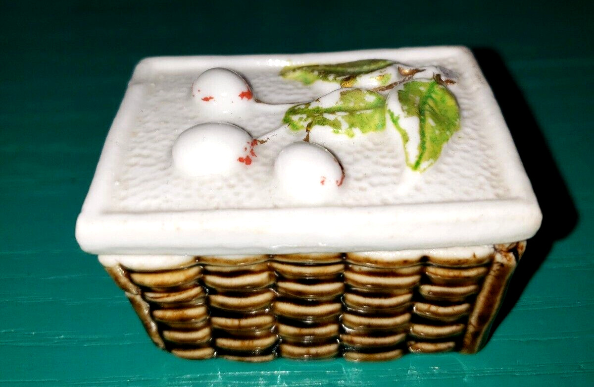 Antique Circa 1890 Cherry Top Porcelain Basket Pill Trinket Box