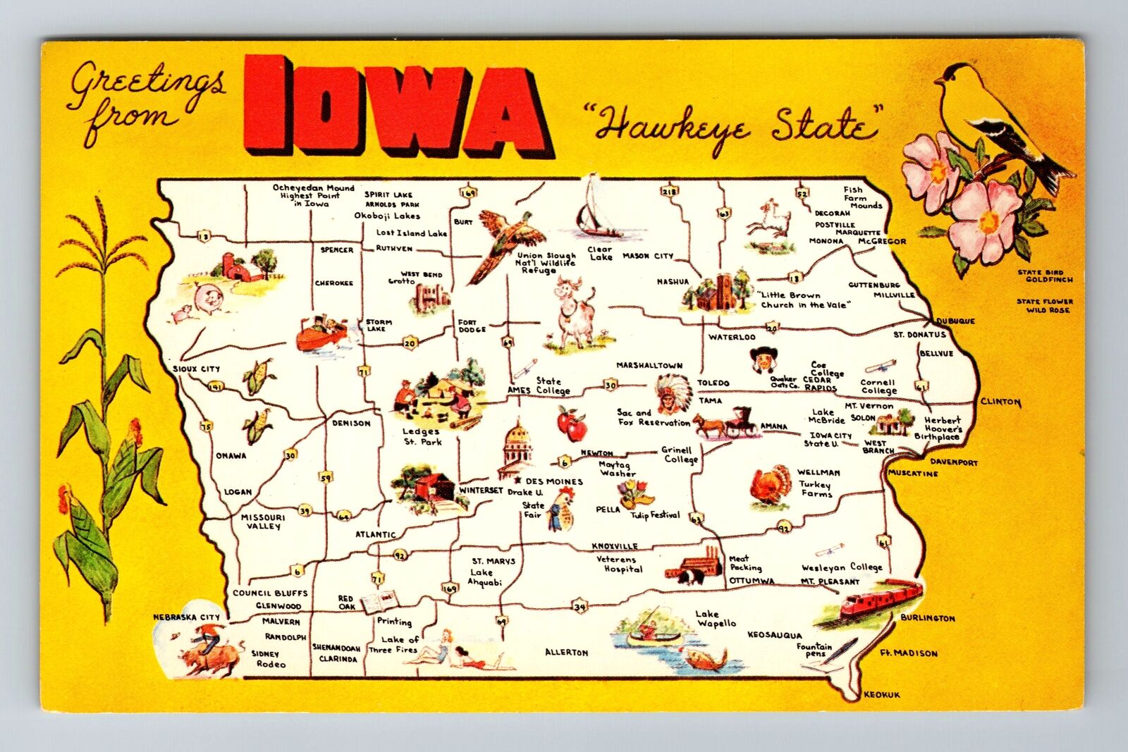 IA-Iowa, General Greetings, State Map, Antique Vintage Souvenir Postcard