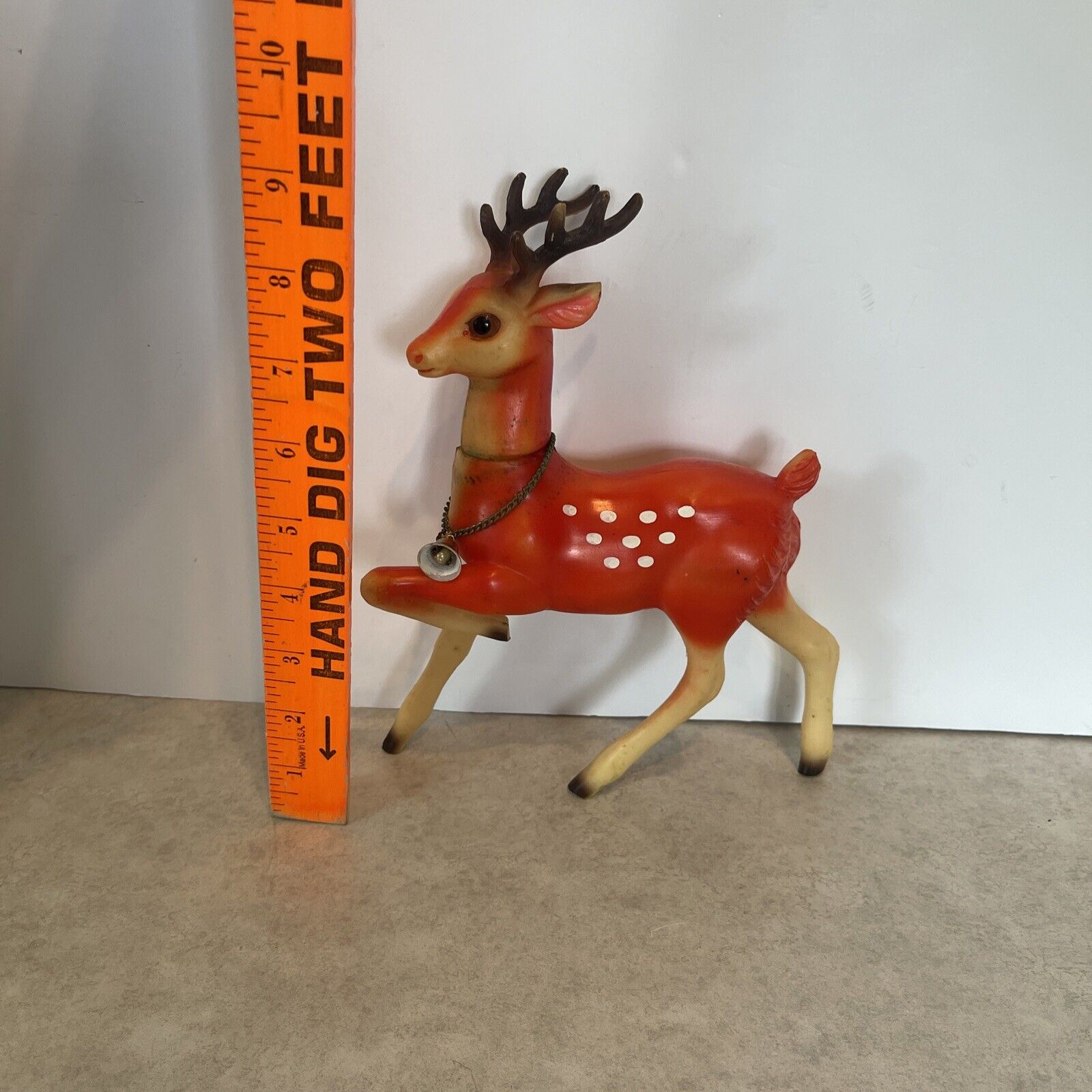 Vtg Rubber Red/Orange Christmas Reindeer Deer 8.5”Red Jewel Eyes Head Move Japan