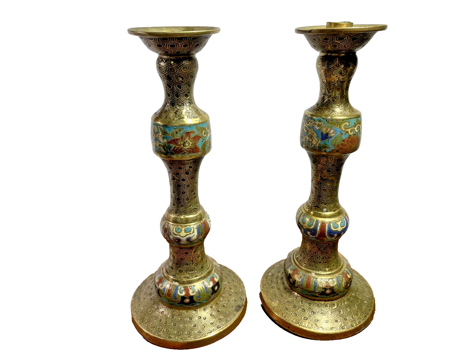 Antique Enamel Brass Champleve Candlesticks/Candle Holders Pair 12\