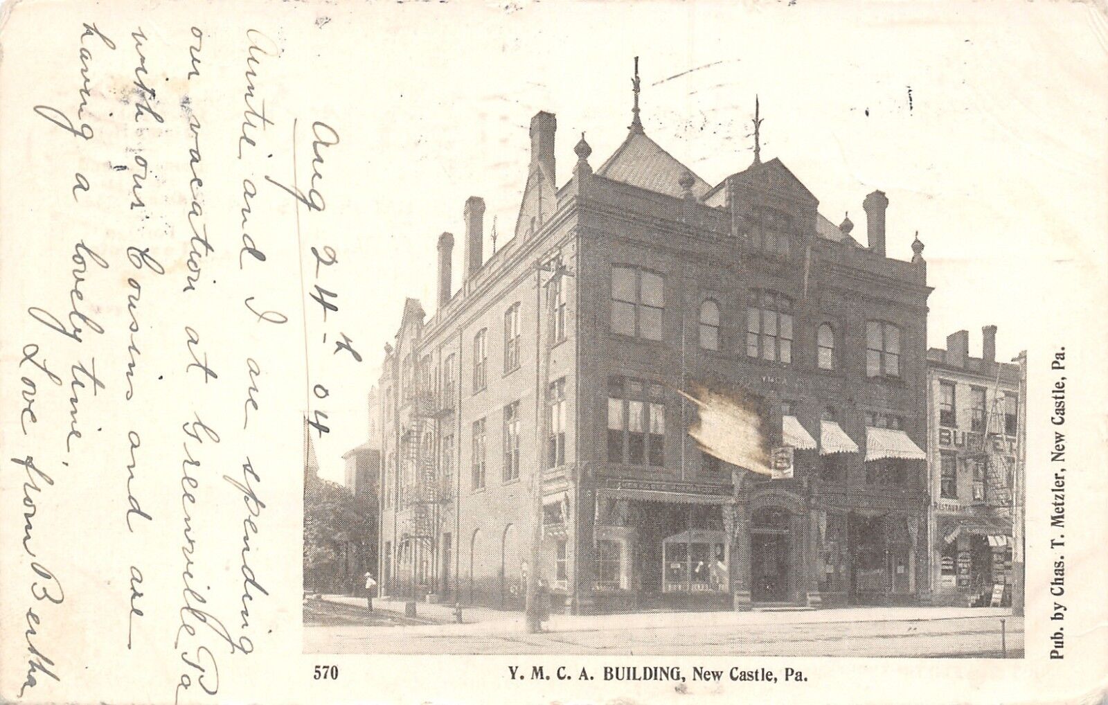 New Castle Pennsylvania~YMCA Building~Buffet Restaurant~1904 B&W Postcard