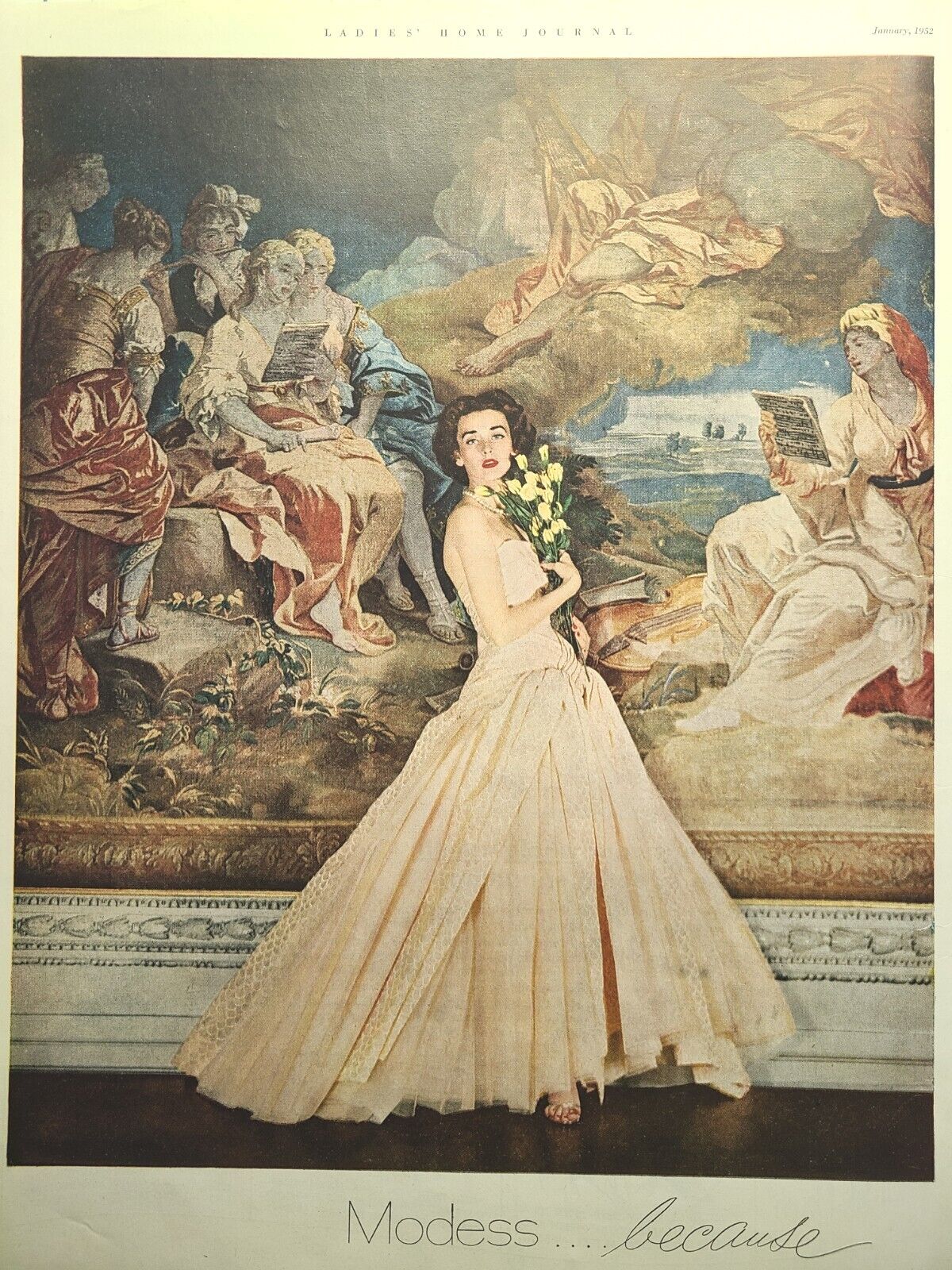 Modess ... Because Femanine Hygeine Evening Tapestry Gown Vintage Print Ad 1952