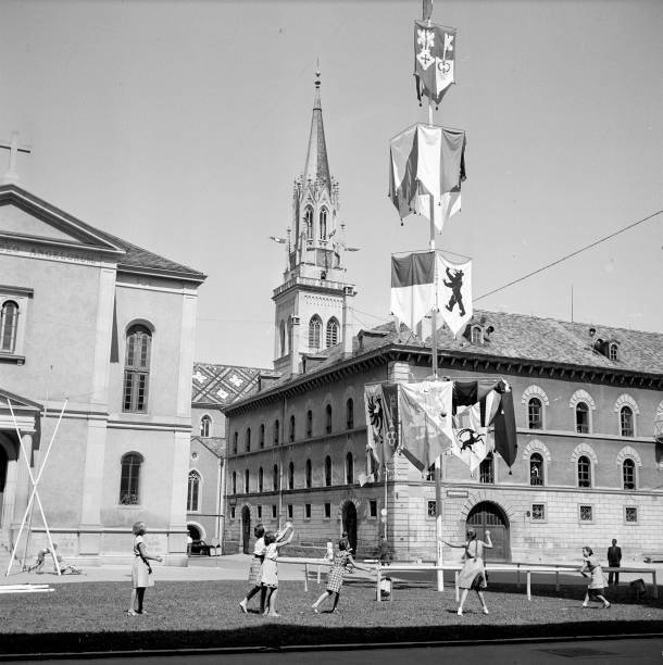 Girls playing in front of the St Laurenzen church in St Gallen 1953 Old Photo