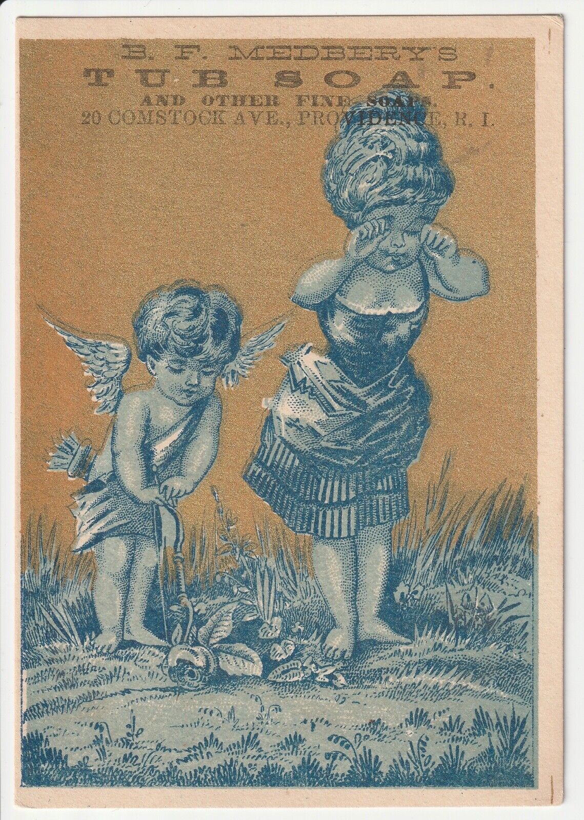 1880s~Providence RI~Medberys Tub Soap~Cupid & Girl~Antique Victorian Trade Card