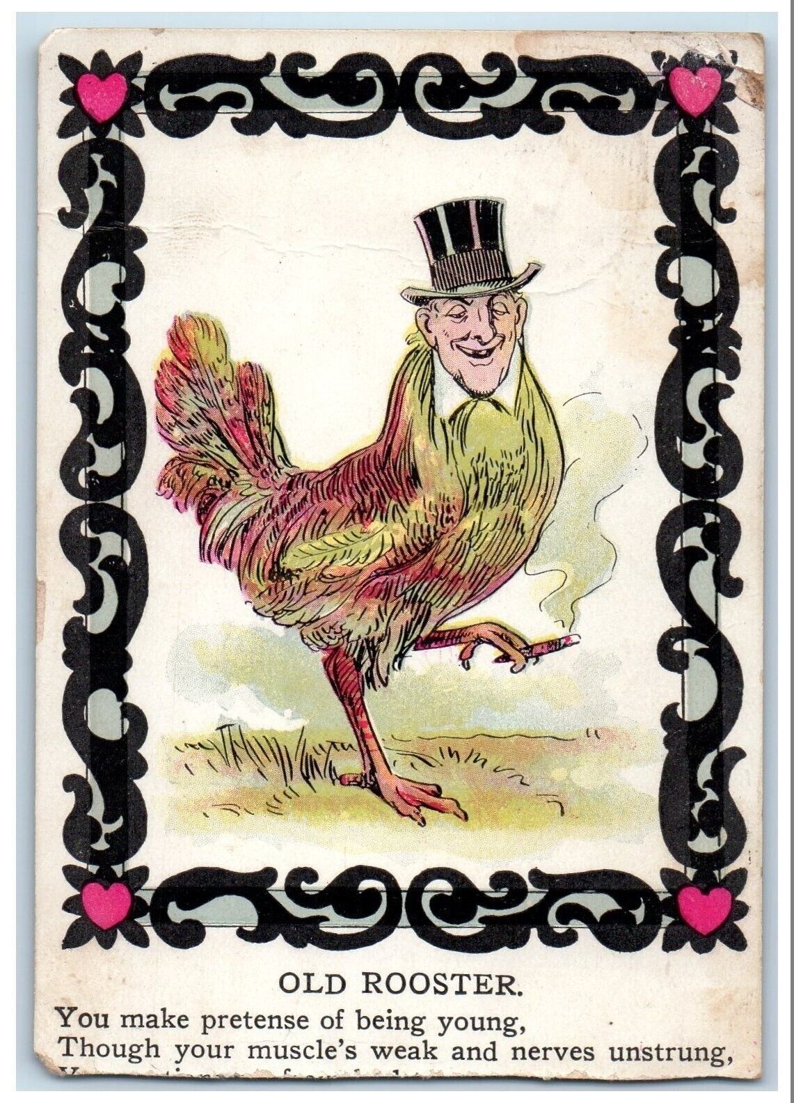 Anthropomorphic Old Rooster Postcard Cigarette Smoking Harris Minnesota c1910\'s