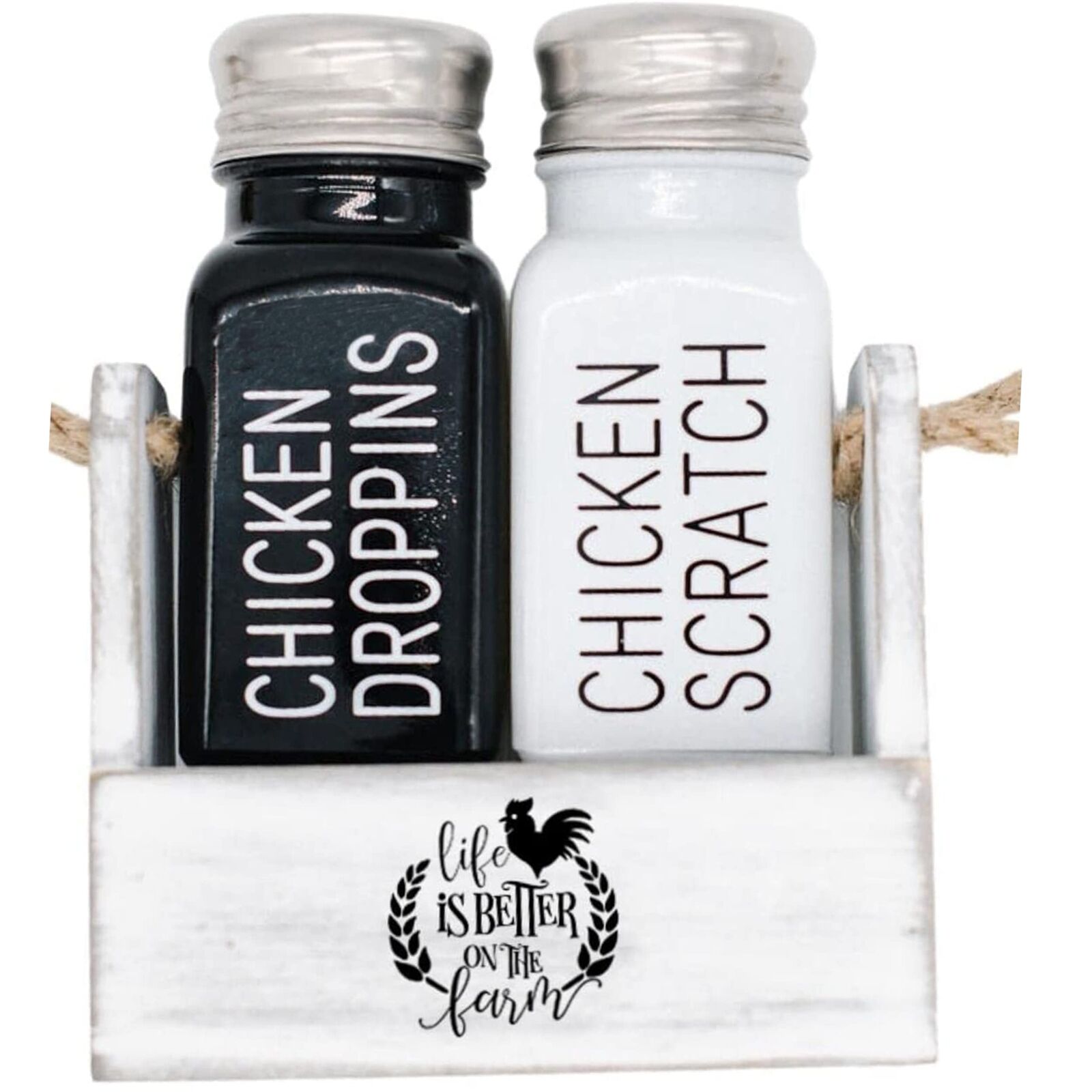 Modern Farmhouse Salt and Pepper Shakers Set Whitewash Caddy - Glass Black an