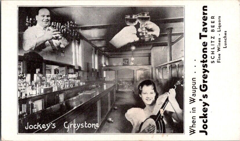 Advertising Postcard Jockey\'s Greystone Tavern Waupun WI Wisconsin Schlitz E-156