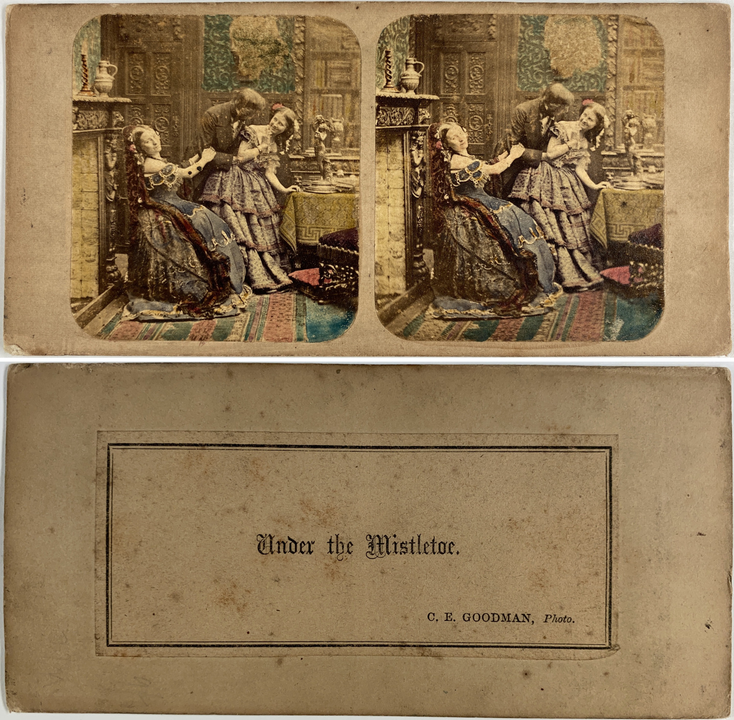 Under the mistletoe, vintage albumen print, ca.1860, stereo print vintage watercolor,