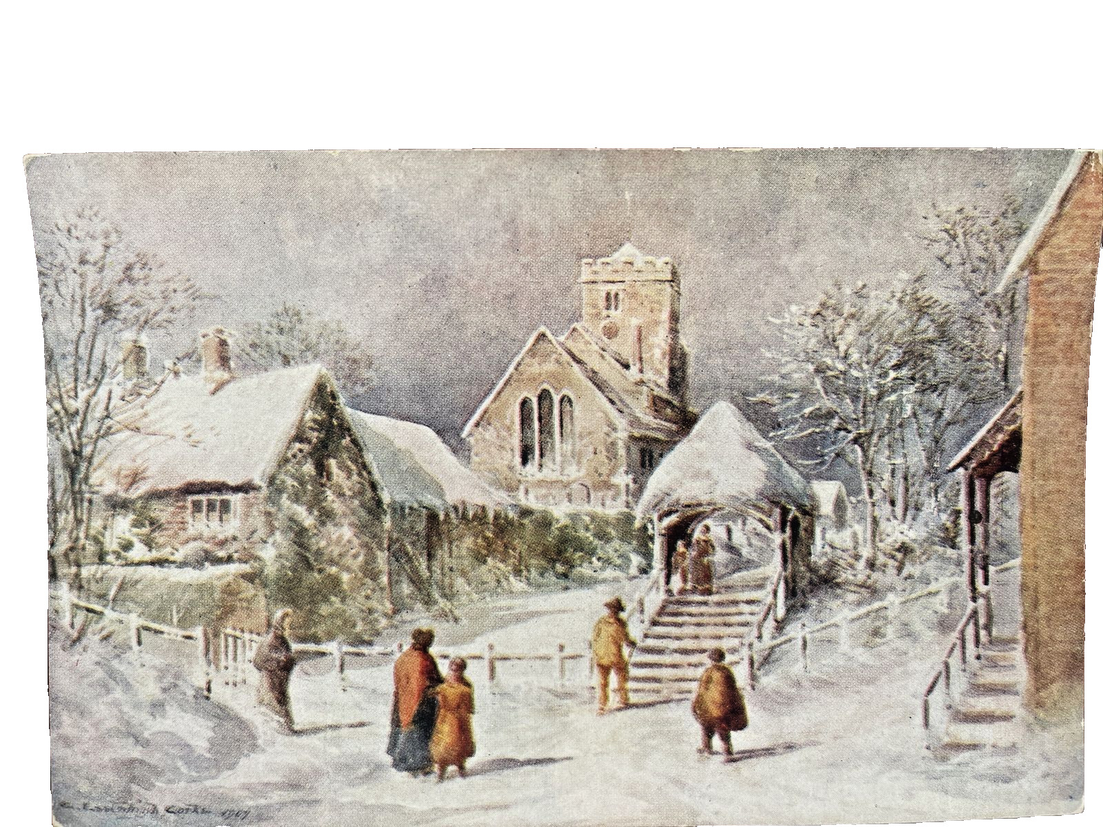 G. Eastleigh Cork 1907 Vintage Art Card Snowy Christmas Village Scene Pulborough