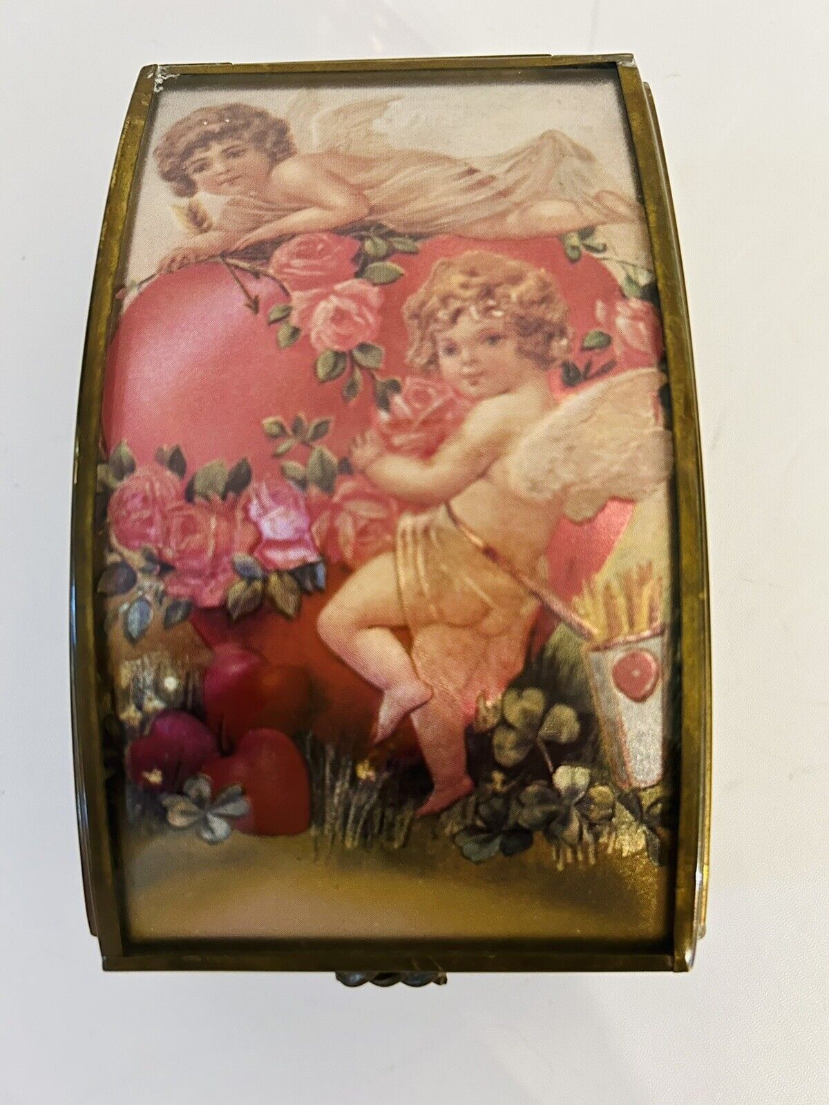 Vintage Brass Music Box W/Angels, Roses, & Hearts-Plays “All I Ask Of You”