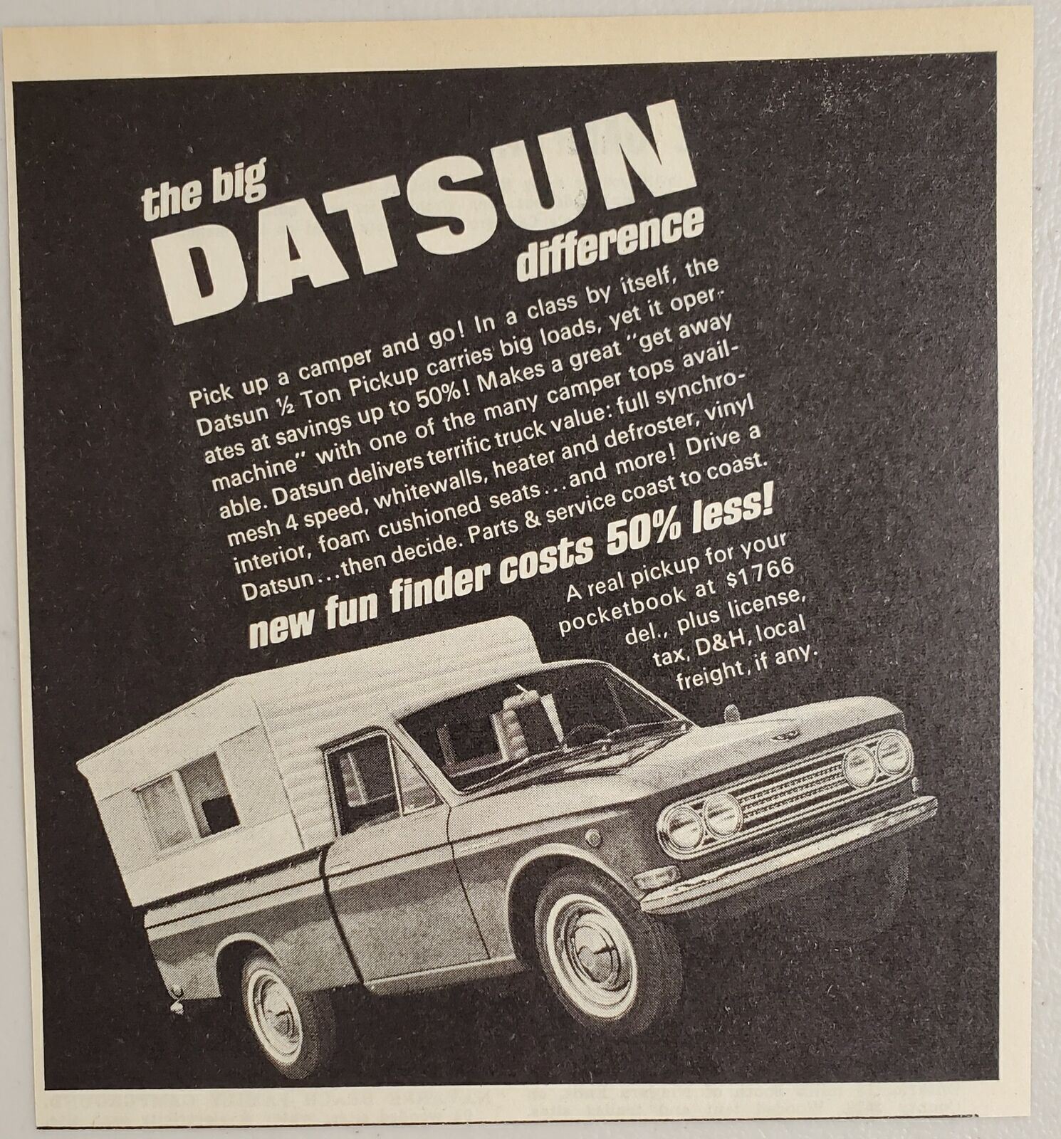 1968 Print Ad Datsun 1/2 Ton Pickup Truck with Camper Costs 50% Less