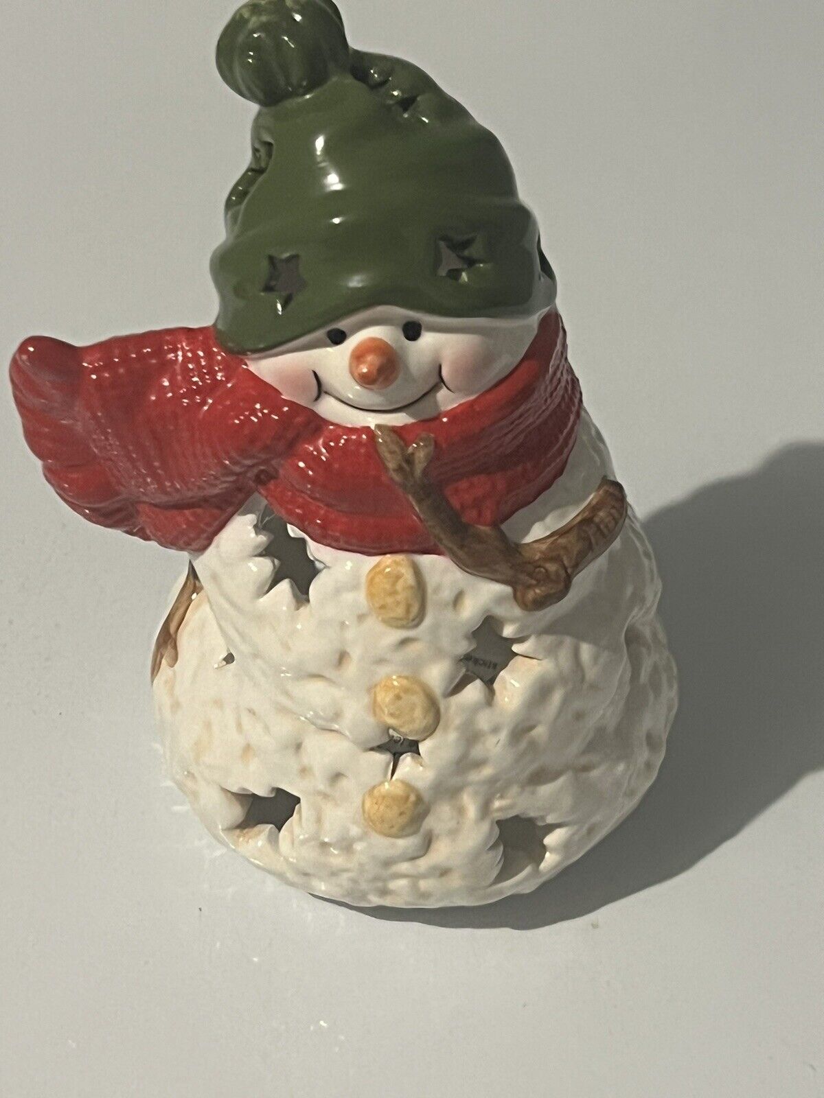 Hallmark Ceramic Snowman Tea Light Luminary Candle Holder Red Scarf Hat Stars