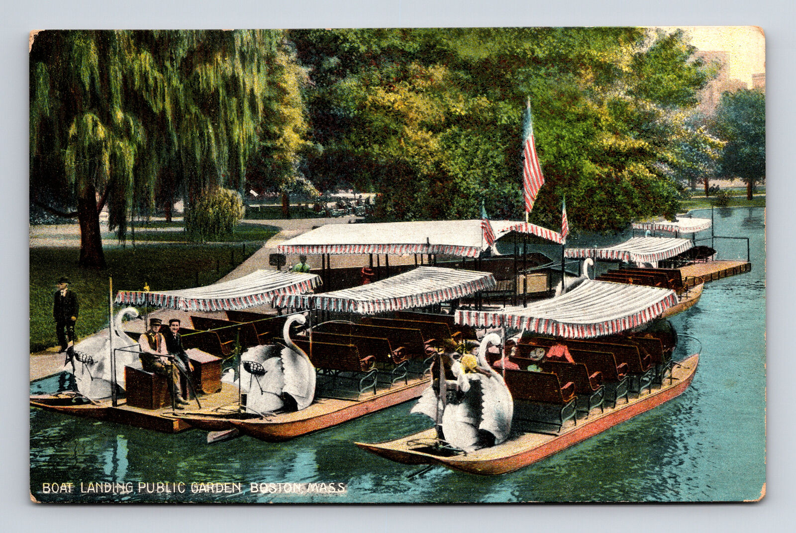 Swan Boat Landing at Public Garden Boston Massachusetts MA Postcard