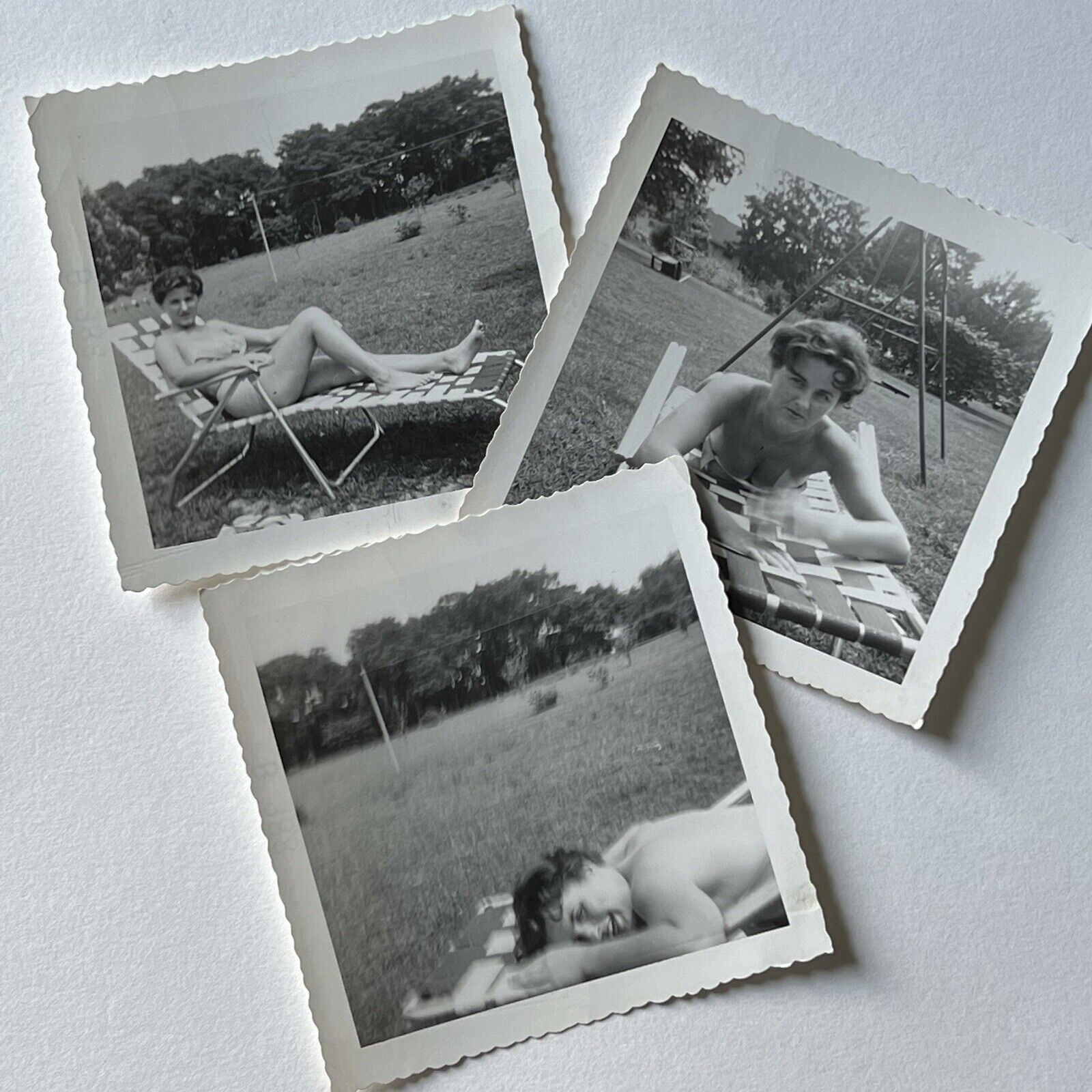 Vintage B&W Snapshot Photograph Beautiful Young Woman Laying In Sun Lot Of 3