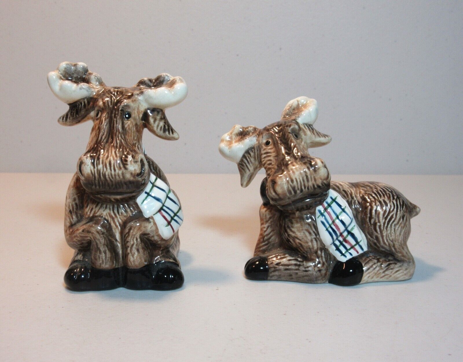 Ceramic Moose with plaid scarf Salt and Pepper Shakers