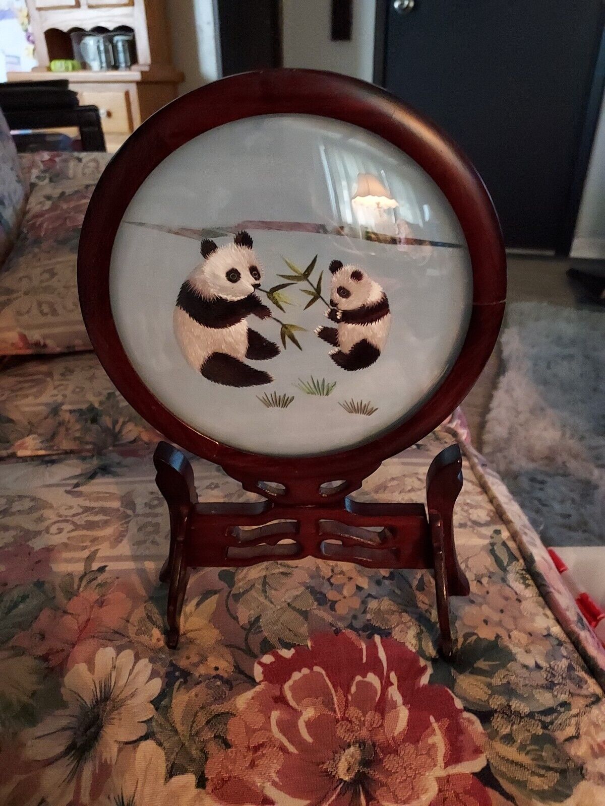 Vtg Chinese Panda Silk Embroidery With Carved Solid Wood Stand Home Shelf Decor