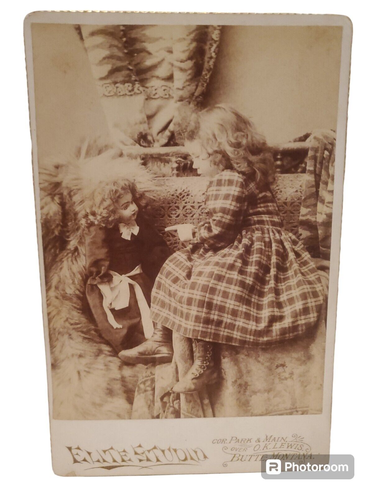 AMAZING Antique Victorian Cabinet Card Photo Girl w/ Porcelain Doll Montana 1889