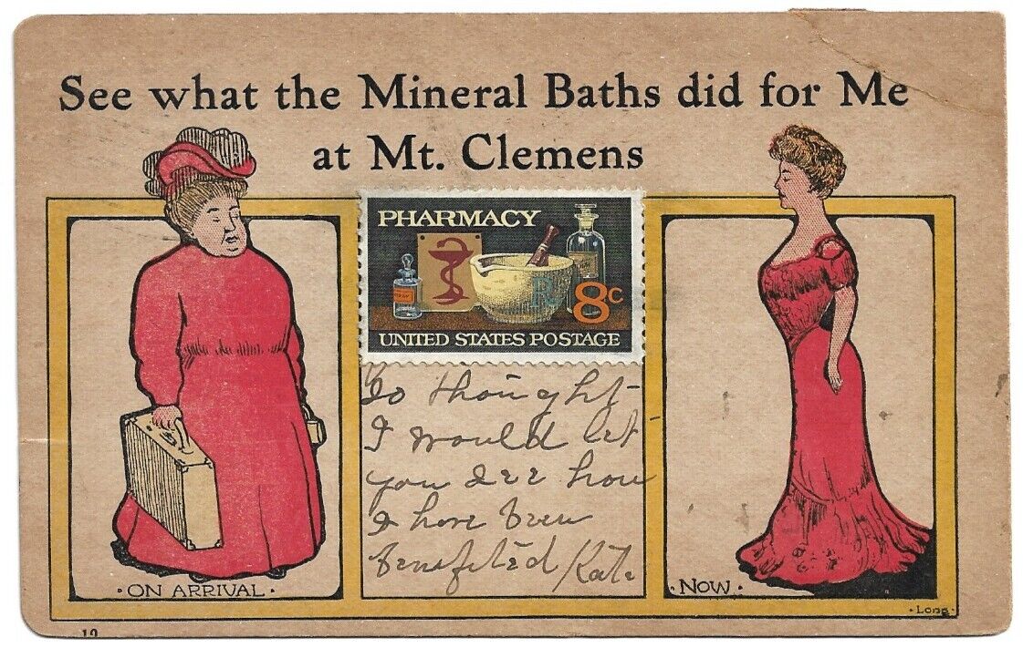 Mt. Clemens Michigan MI Mineral Bath AD 1911 Postcard 8 Cent Pharmacy Stamp