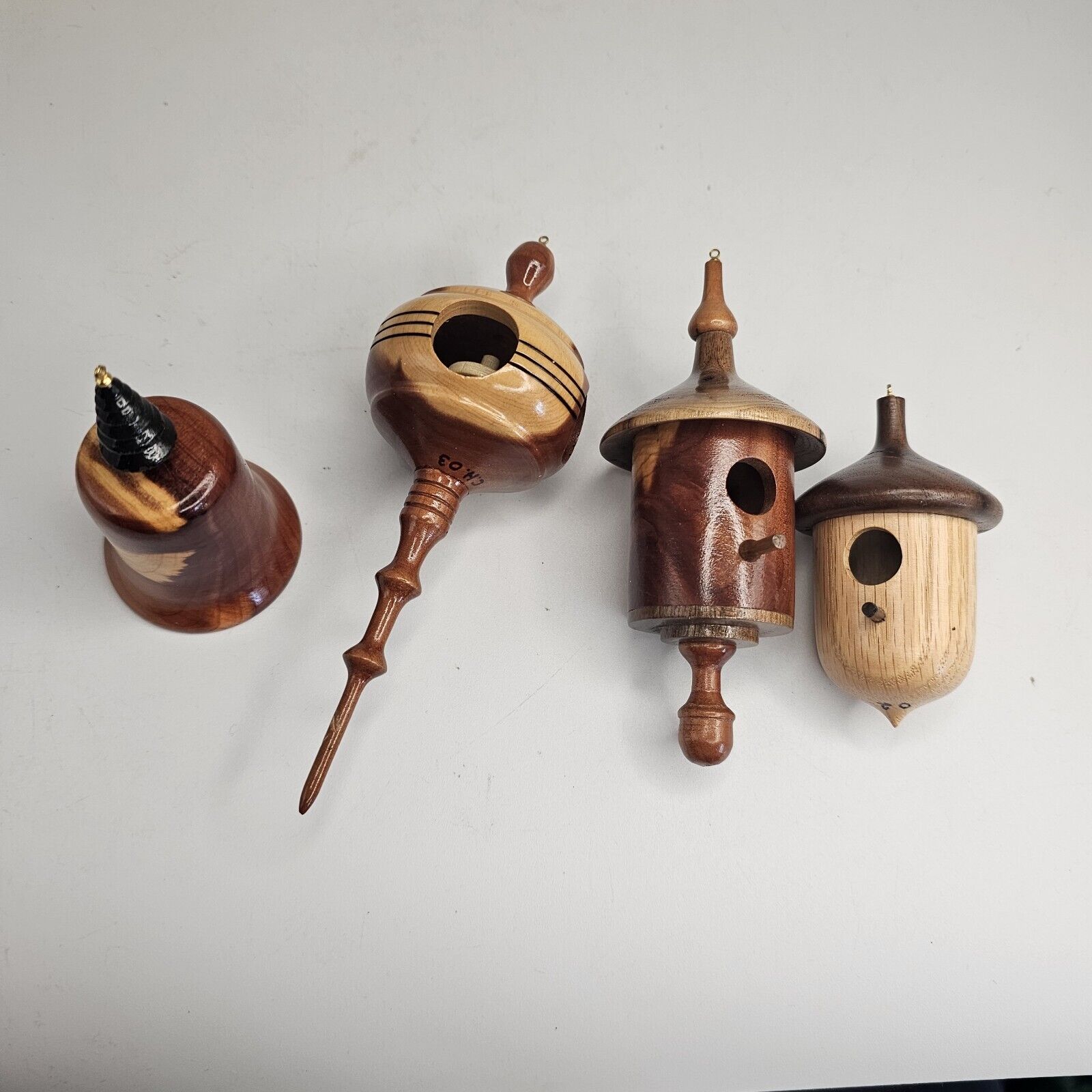 Lot Of 4 Hand Made Wooden Christmas Ornaments Handmade Signed Birdhouse Bell
