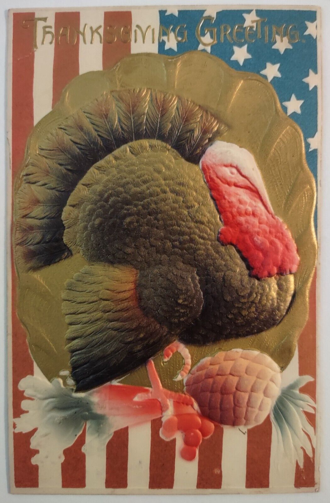 Vintage Postcard Thanksgiving Embossed Gilt Turkey AA24