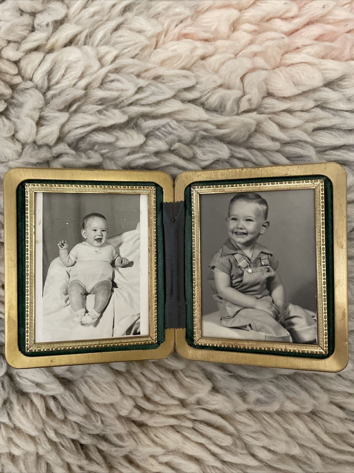 Vintage Farrington Double Picture Frame Baby Boy B/W Green Gold  Leather