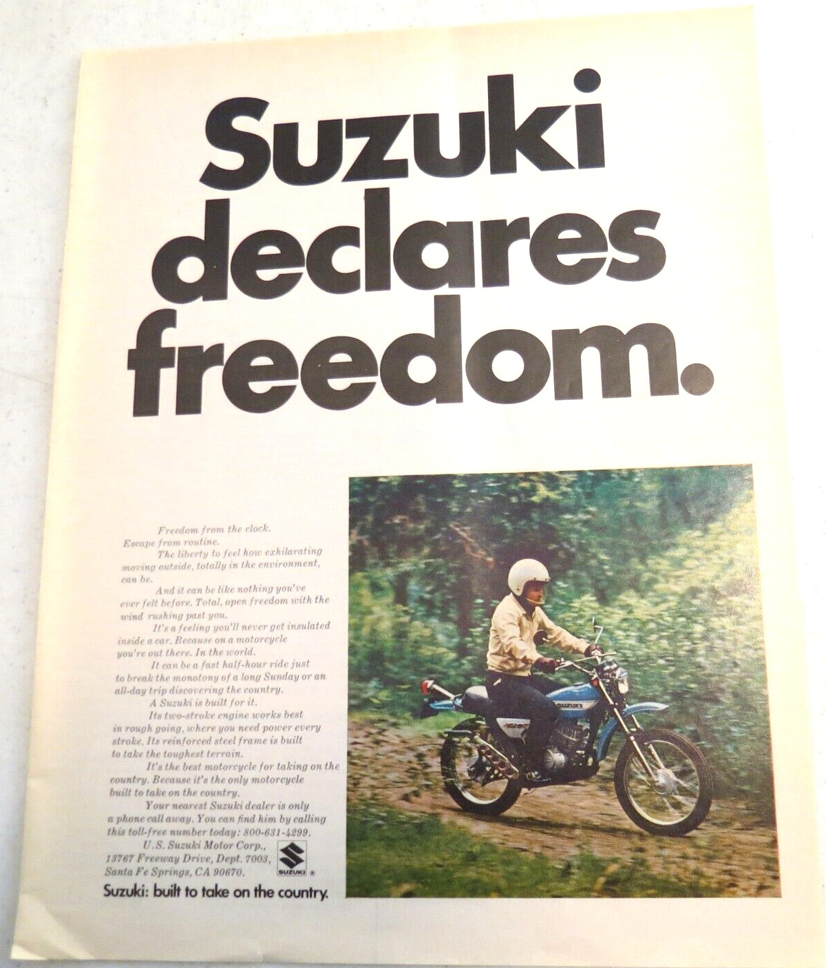 1971 Print Ad Sukuki declares freedom Motorcycle Dirt Bike 2 Stroke Country