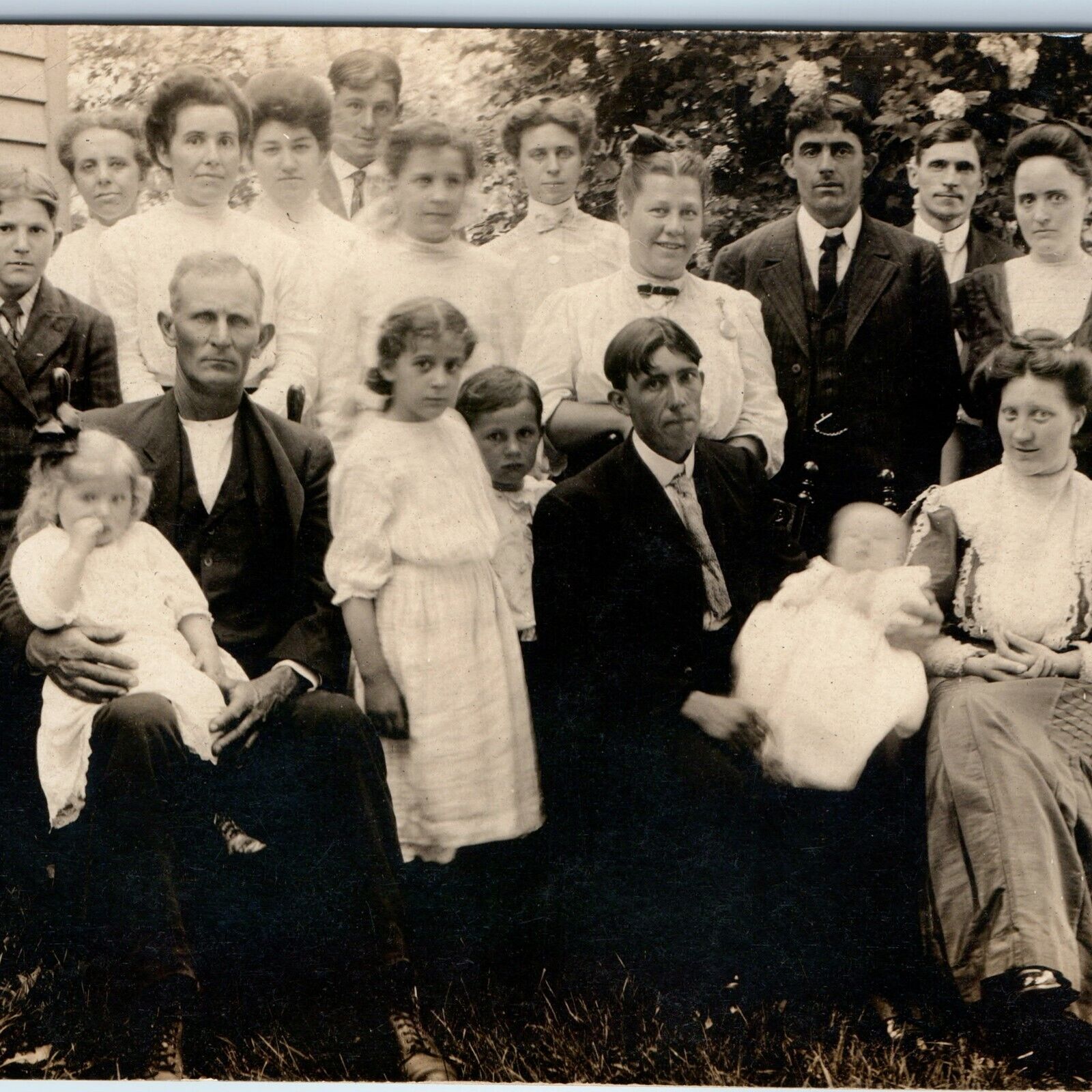 c1910s Large Group Outdoors RPPC Family House Kids Newborn Baby Real Photo A261