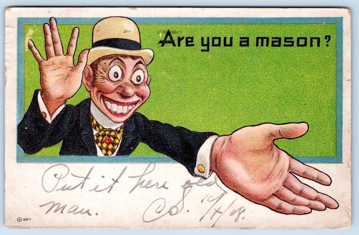 1908 ARE YOU A MASON? PUT IT HERE OLD MAN ANTIQUE MASONIC POSTCARD