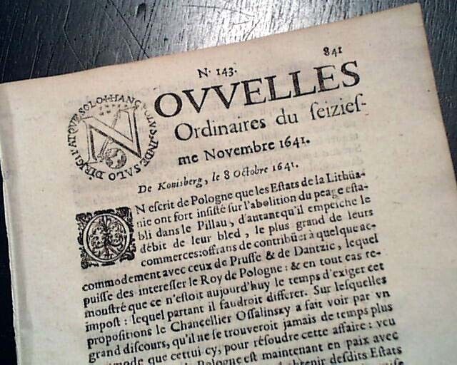 Rare 17th Century EARLIEST OF NEWSPAPERS 1641 Paris FRANCE French Old Periodical