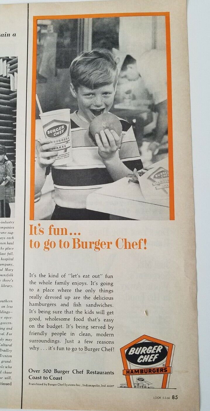1966 Burger Chef hamburgers milkshake redhead boy freckles eating ad