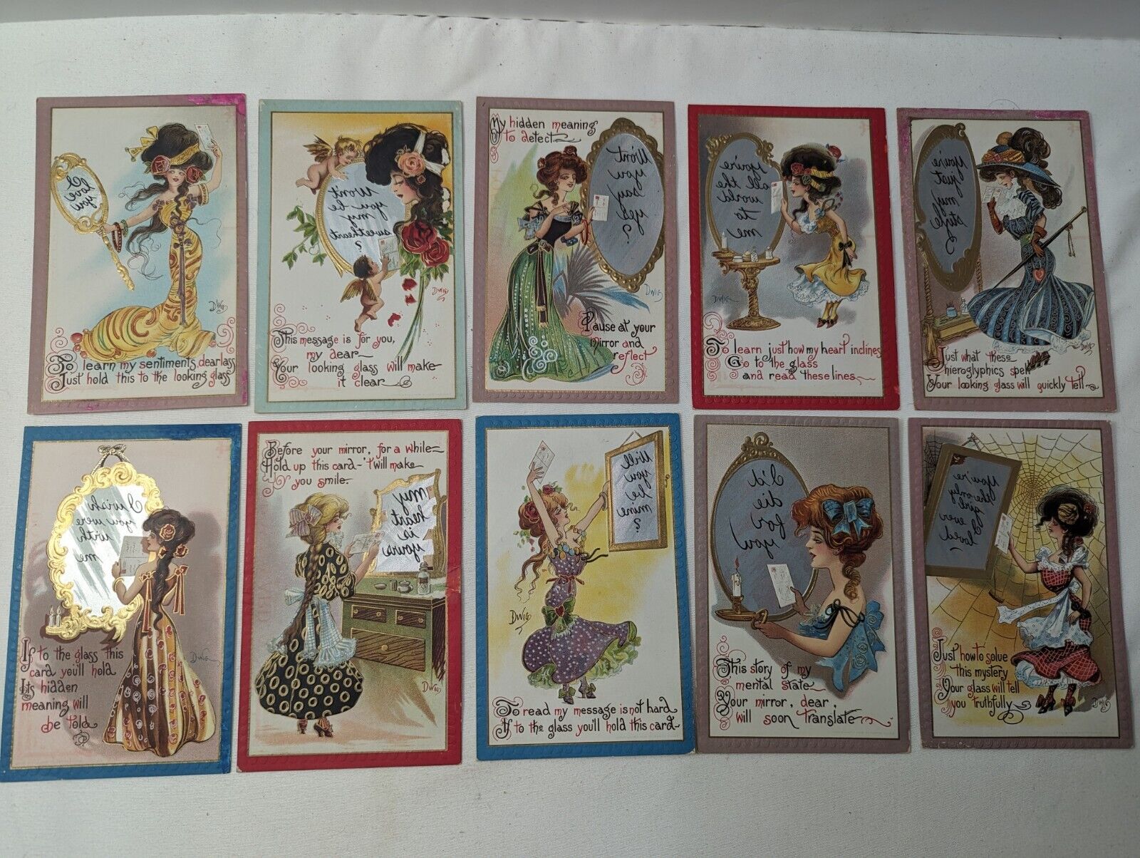Set Of Ten Artist Signed Dwig Reverse Message In Mirror Girl Postcards L205
