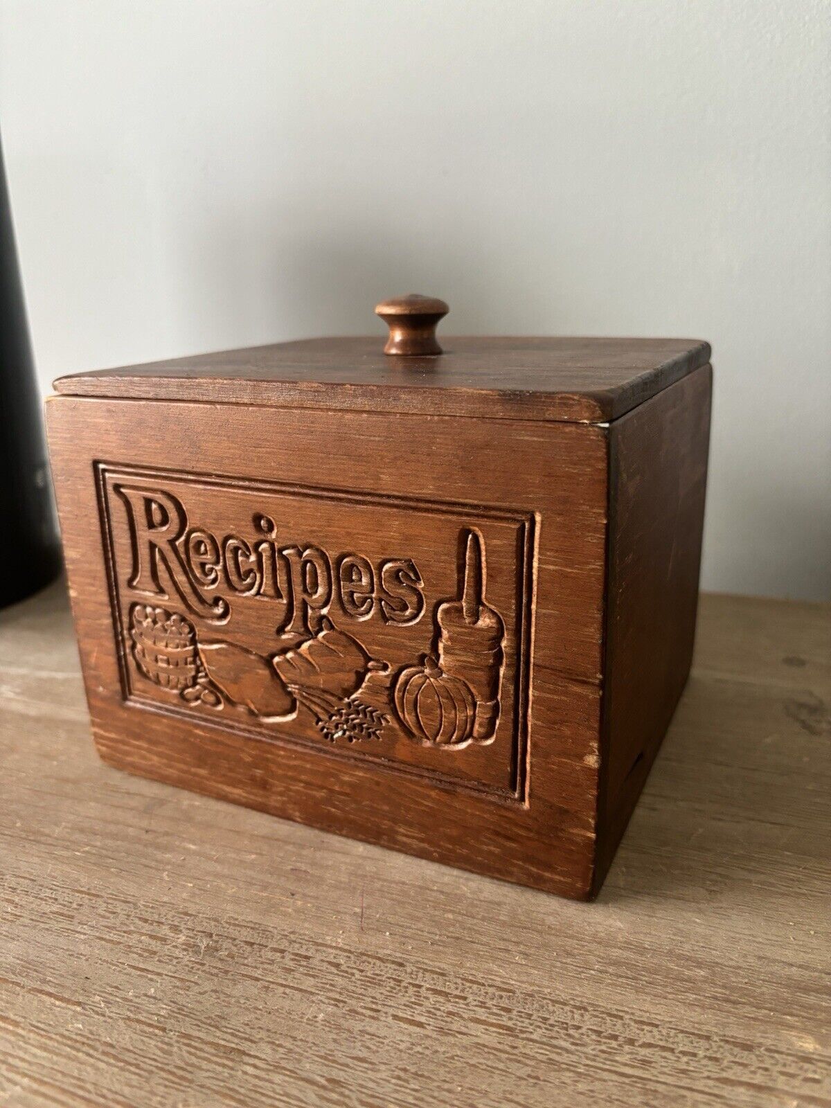 Vintage Cottage Core Wooden Engraved Recipe Box with Lid