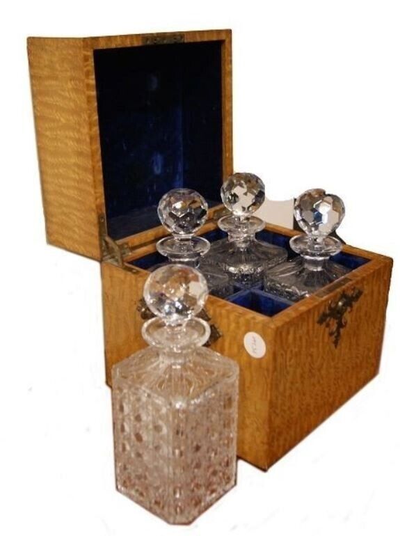Antique Liquor Cellars 4 Crystal Bottles French Box Wood Thuja Handle Stone 19th