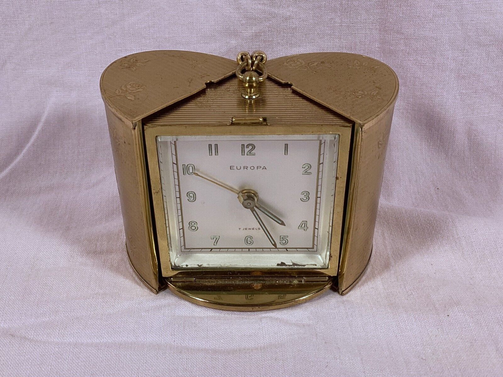 Nice Vintage Brass Cased Europa Travel Windup Alarm Clock 7 Jewels Germany