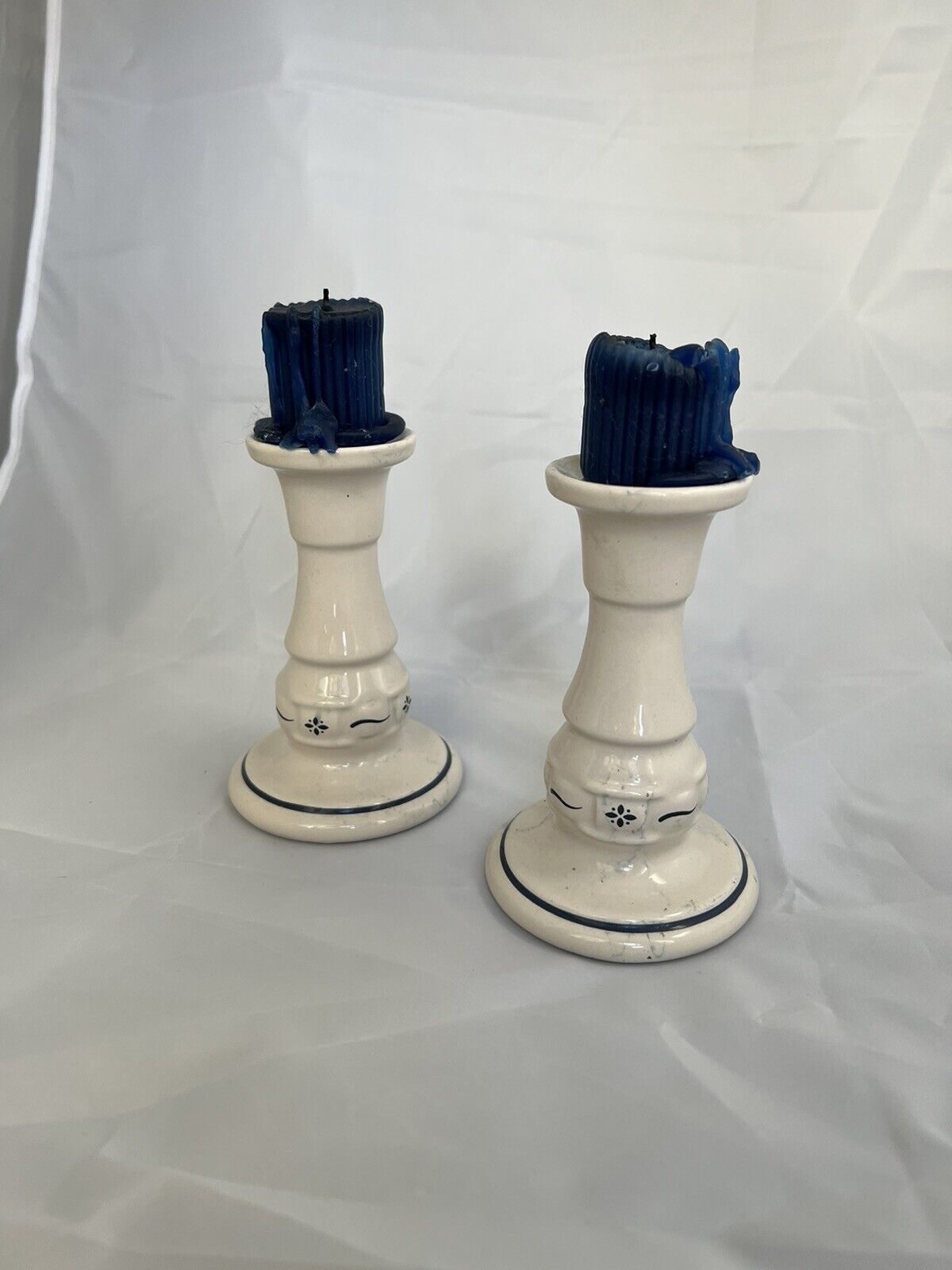 Pair Of Longaberger Woven Traditions Classic Blue Candlesticks 5”