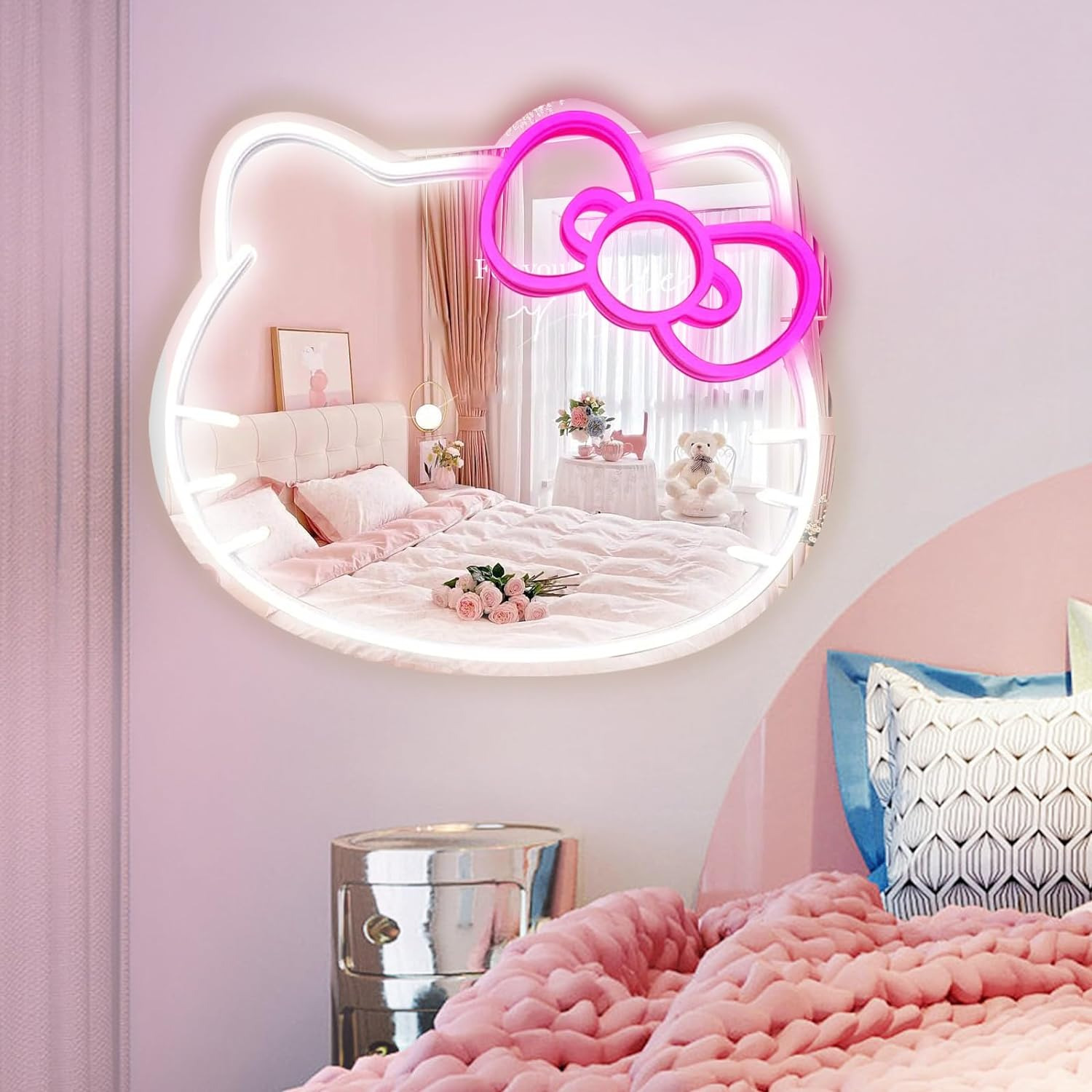 Anime Hello Kit Mirror with Light Neon Signs for Wall Decor, Neon Mirror with Di