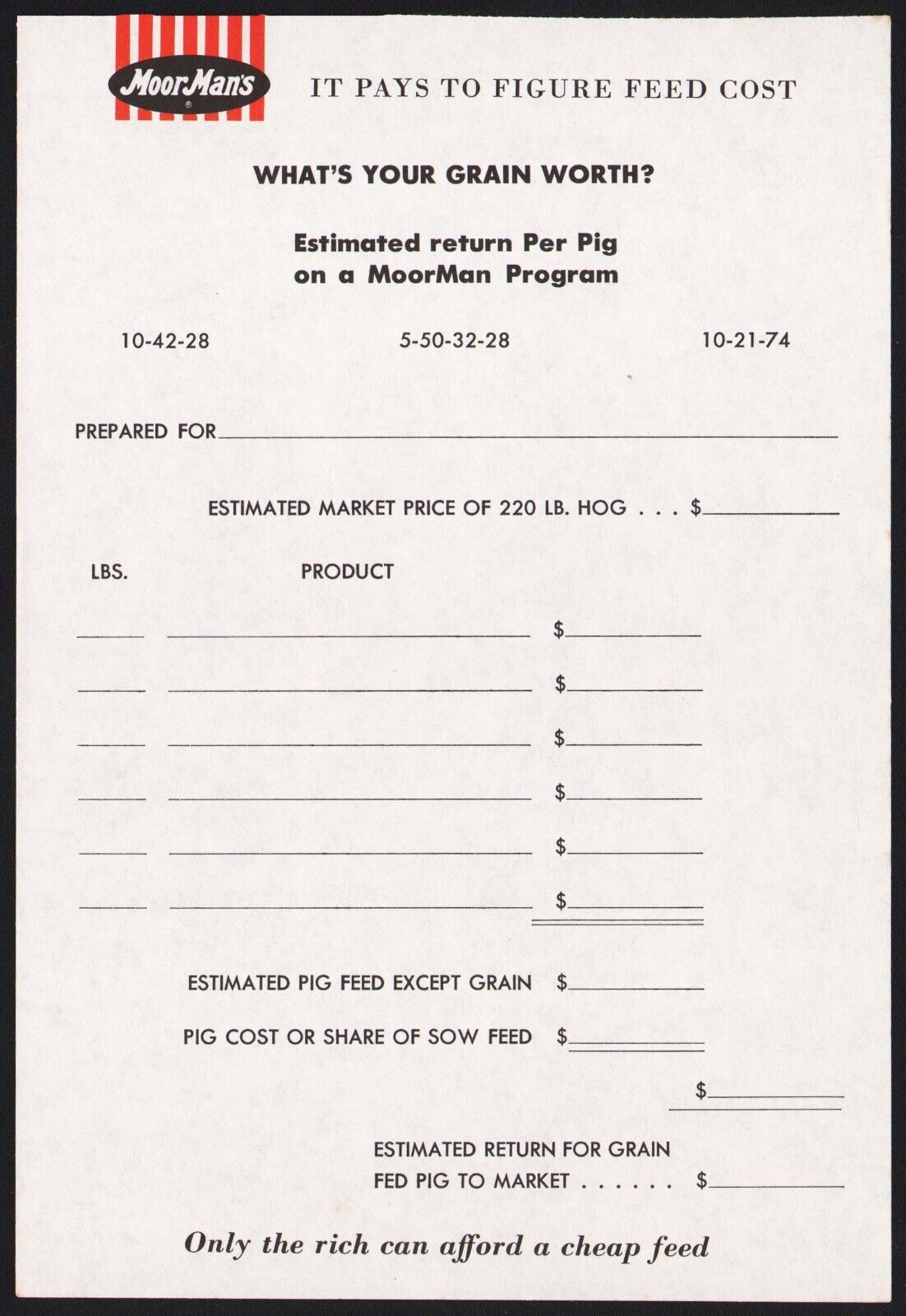 Vintage receipt MOOR MANS Estimated Return Per Pig unused new old stock n-mint+